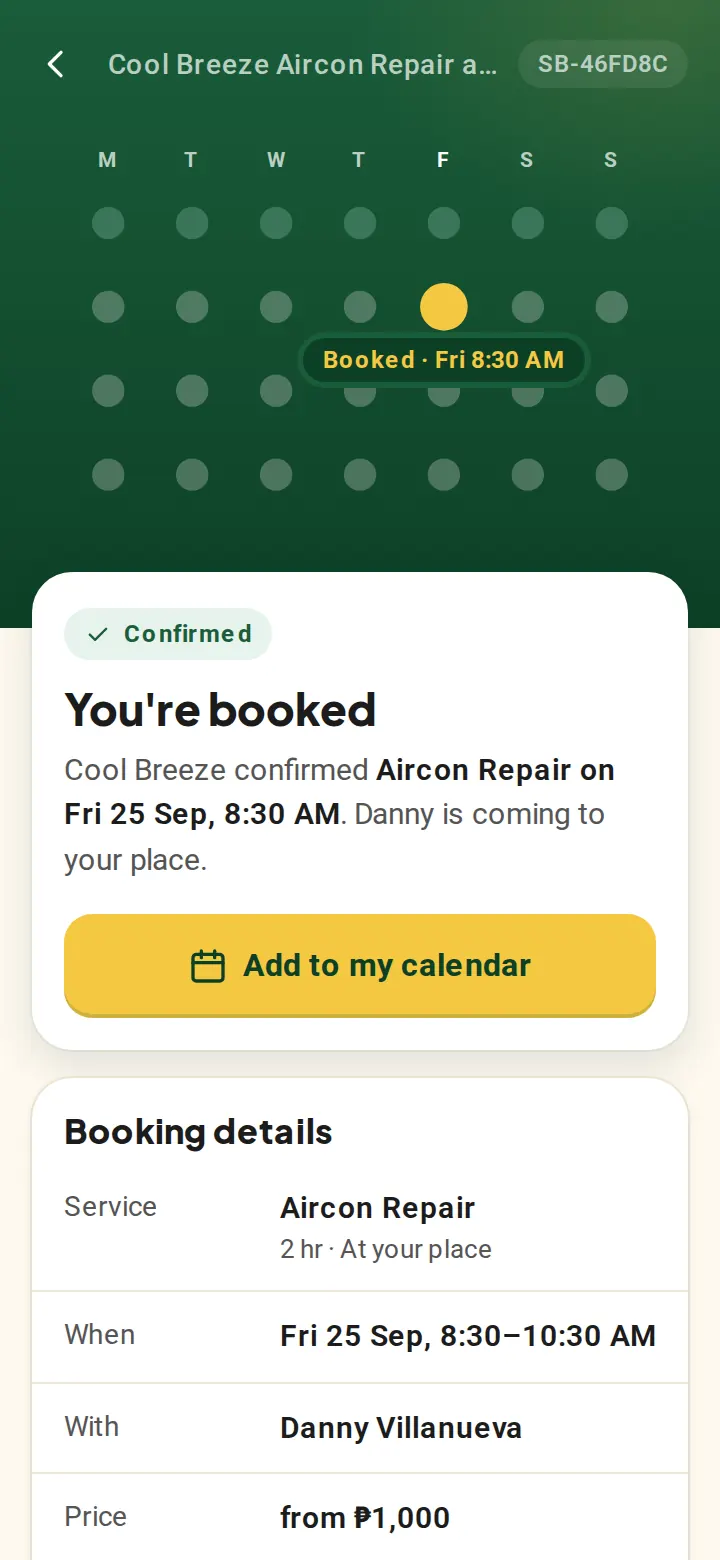 A customer's booking page after confirmation: You're booked, with the date and payment details