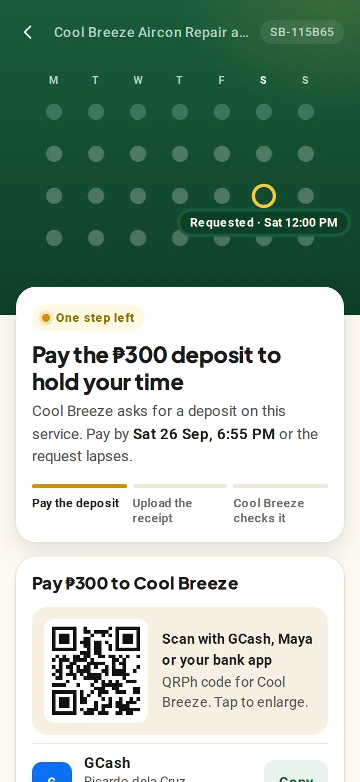 A customer's booking page asking for a ₱300 deposit, with the QRPh code and GCash number