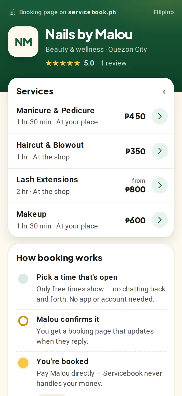 Nails by Malou's booking page: manicure and pedicure, haircut, lash extensions and makeup with prices