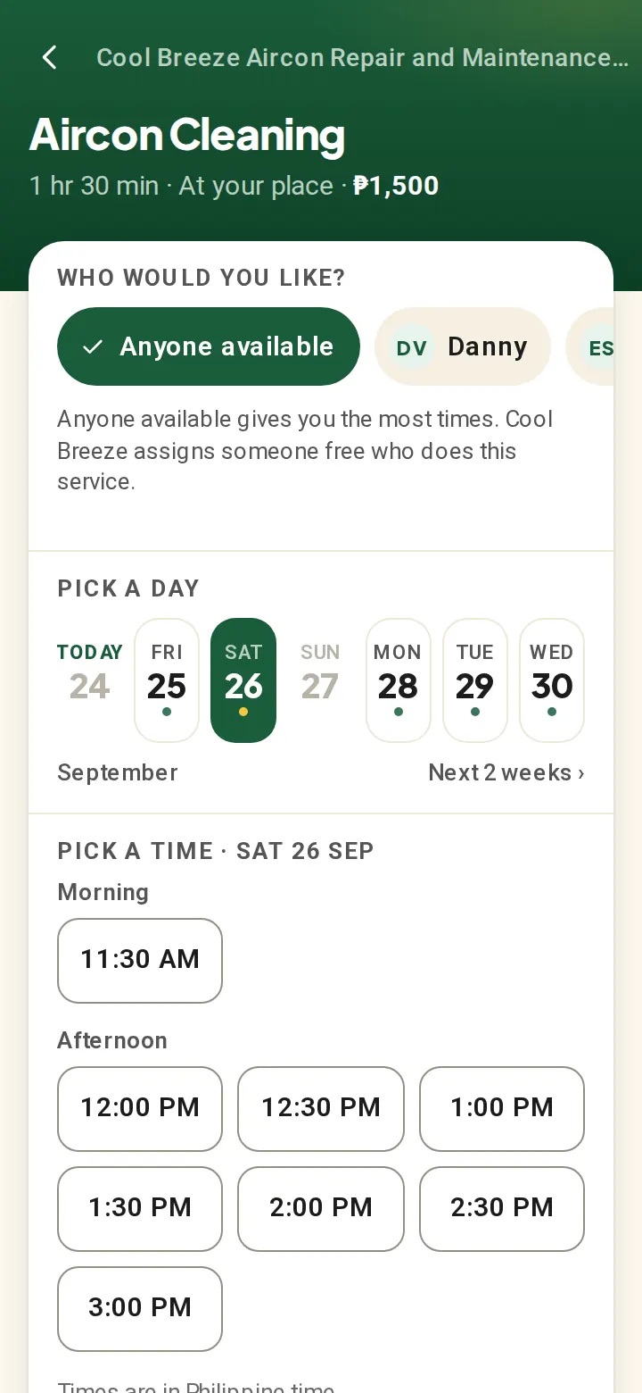 The booking page’s who, day and time screen, with Anyone available chosen